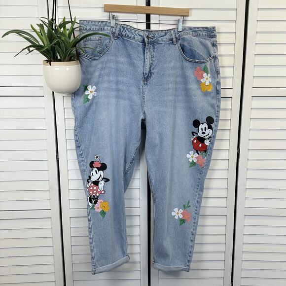Disney X‎ Hot Topic Mickey Minnie Mouse Floral Mom Jeans Light Wash Plus Size 28 - Picture 1 of 12